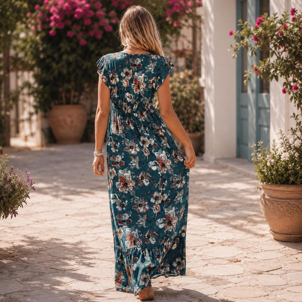 Women's Boho Floral Maxi Dress, Shirred Waist Summer Dress, Ruffle Sleeve Long Dress, Beach Vacation Dress, Flowy A-Line Sundress